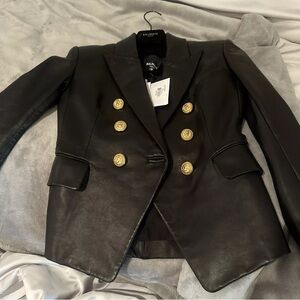 Balmain Black Leather Double-Breasted Jacket Blazer size 36
